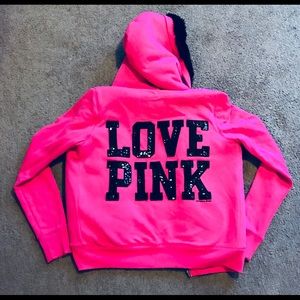 Victoria Secret fur lined PINK hoodie!  Sequins! M